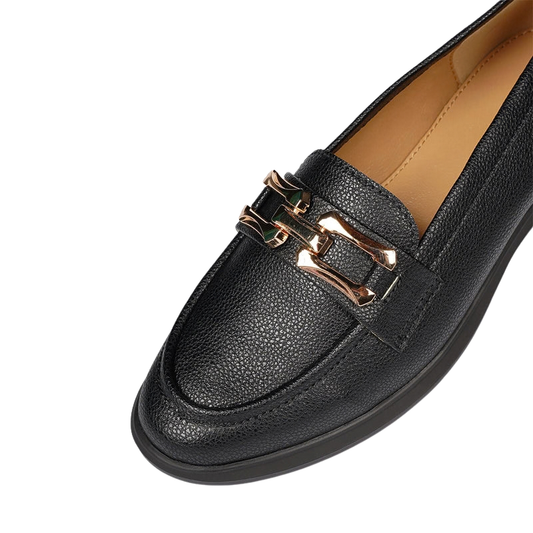 Women’s Black PU Leather Loafers with Metal Bit Detail