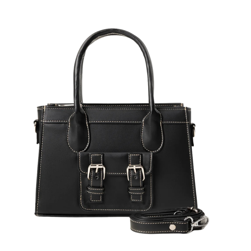 Women’s Black Faux Leather Structured Handbag with Buckle Pocket