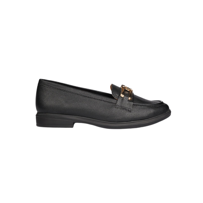 Women’s Black PU Leather Loafers with Metal Bit Detail