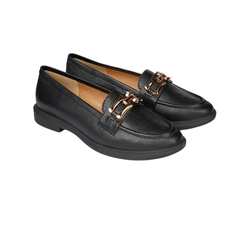 Women’s Black PU Leather Loafers with Metal Bit Detail