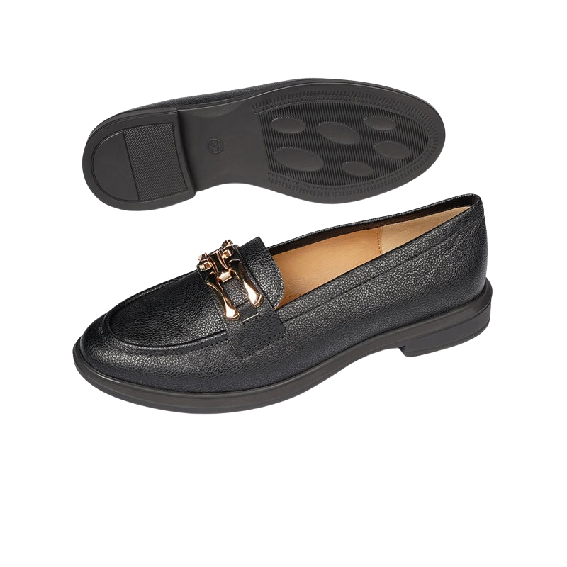 Women’s Black PU Leather Loafers with Metal Bit Detail