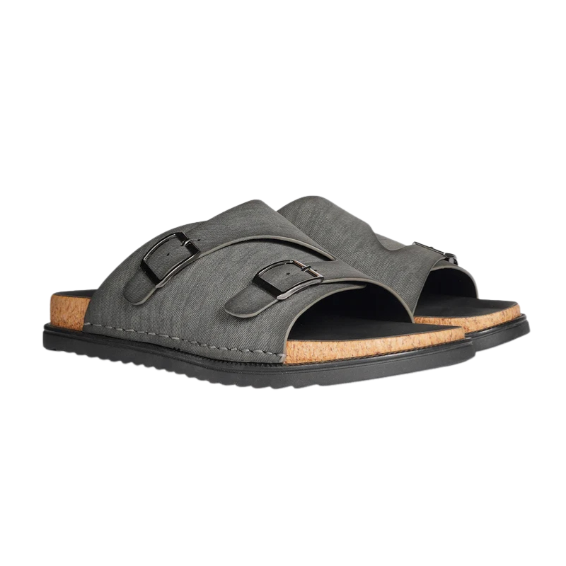 Men’s Grey Double-Buckle Slide Sandals