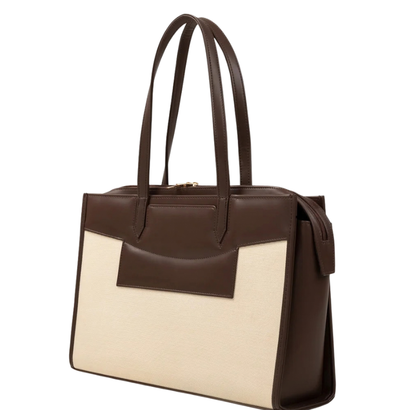 Women’s Brown and Beige Faux Leather Canvas Tote Bag