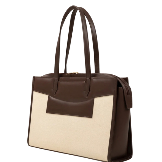 Women’s Brown and Beige Faux Leather Canvas Tote Bag