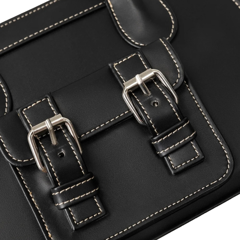 Women’s Black Faux Leather Structured Handbag with Buckle Pocket
