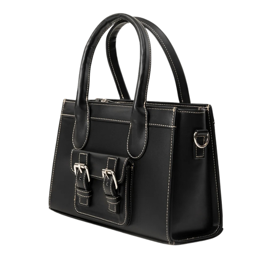 Women’s Black Faux Leather Structured Handbag with Buckle Pocket